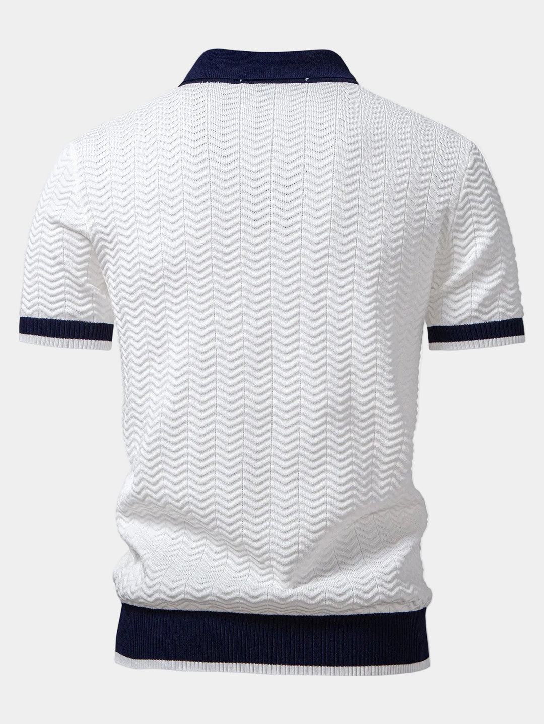 Men's short-sleeve textured knit polo shirt with contrasting collar and ribbed trims
