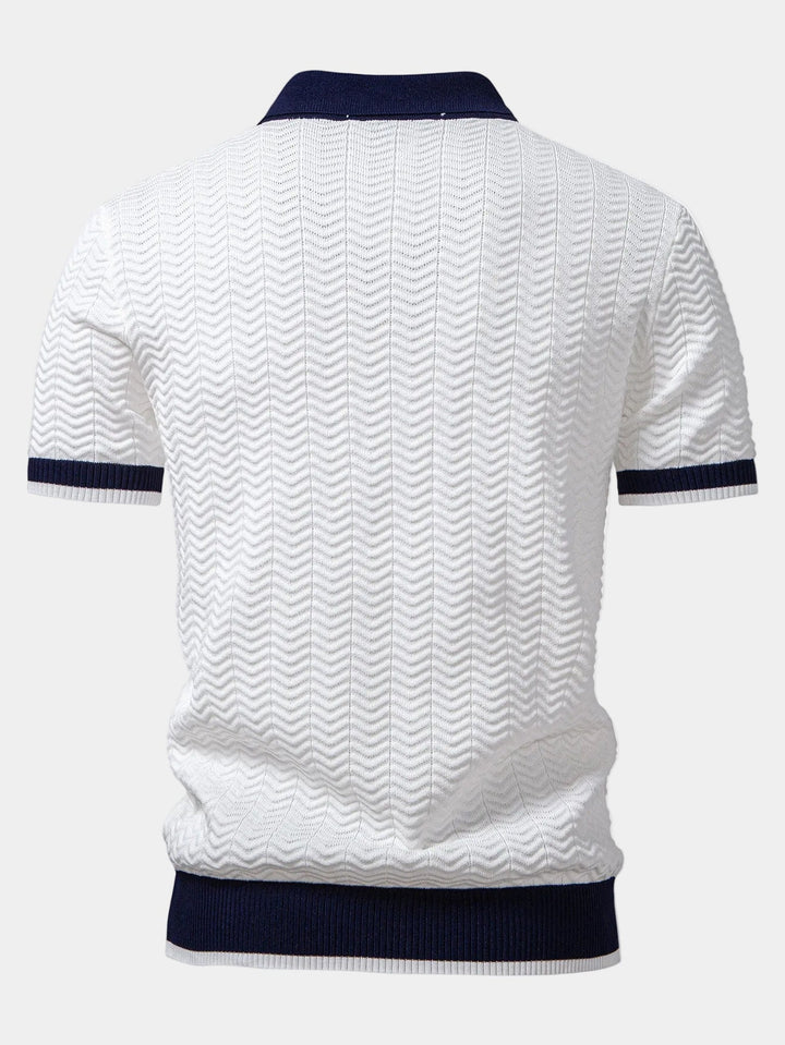 Men's short-sleeve textured knit polo shirt with contrasting collar and ribbed trims
