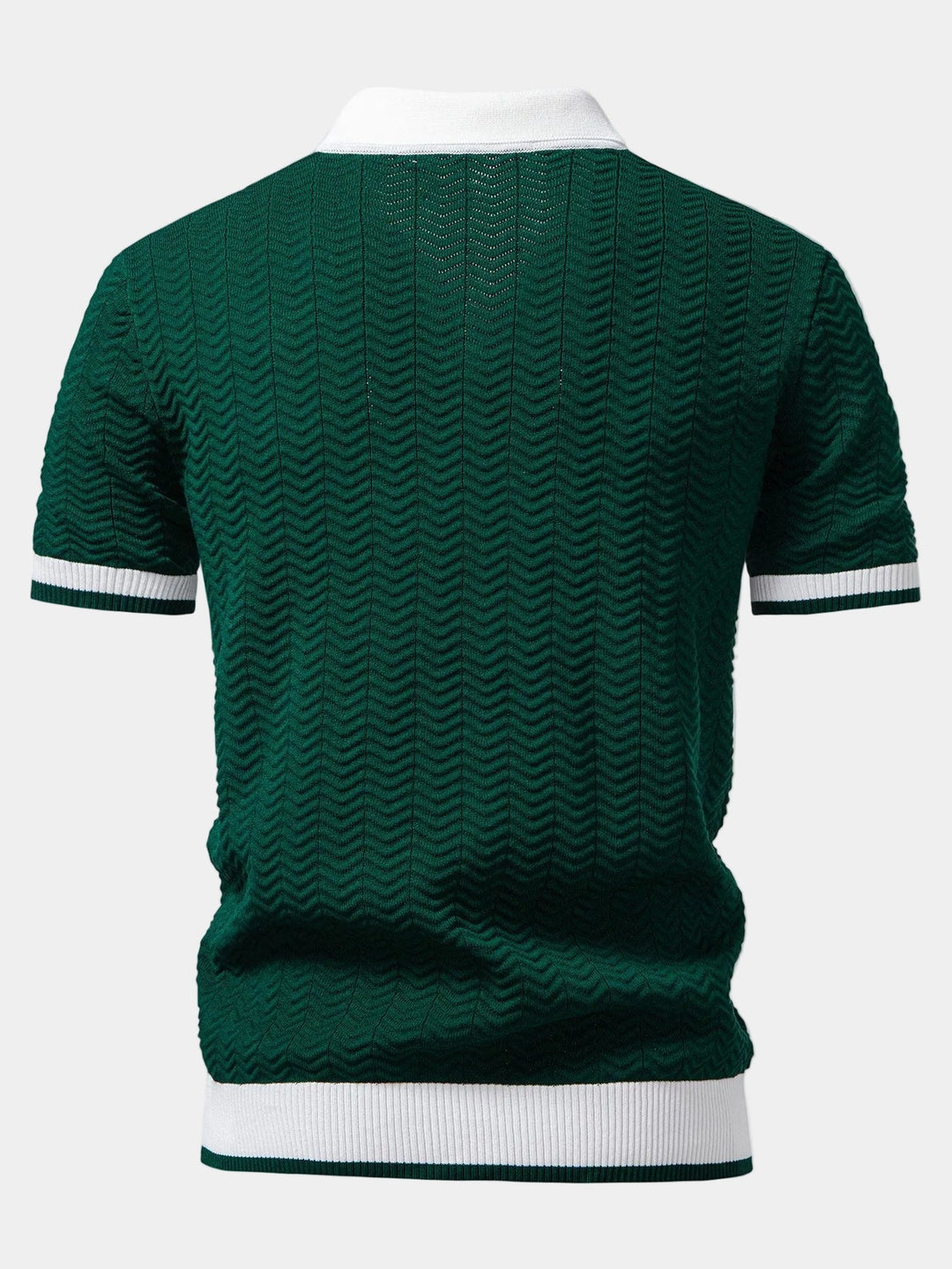 Men's short-sleeve textured knit polo shirt with contrasting collar and ribbed trims
