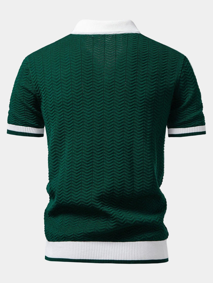 Men's short-sleeve textured knit polo shirt with contrasting collar and ribbed trims