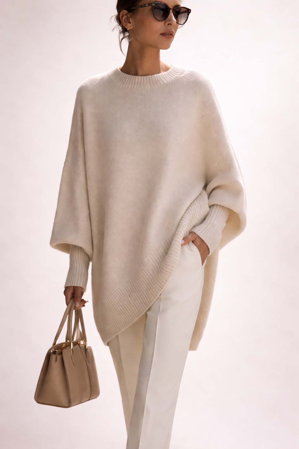 Women's oversized poncho sweater with crew neck and batwing sleeves