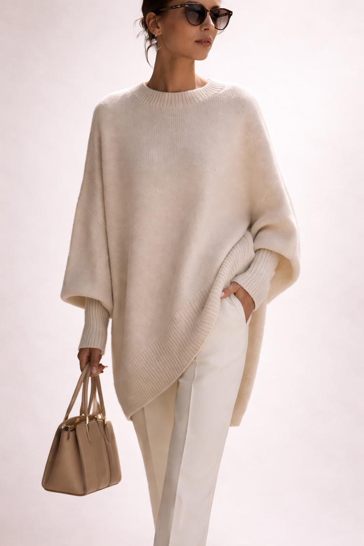 Women's oversized poncho sweater with crew neck and batwing sleeves