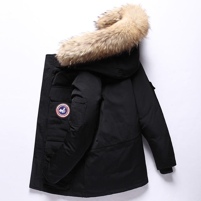 Men's padded winter coat with hood, fur-style trim, front pockets and sleeve patch