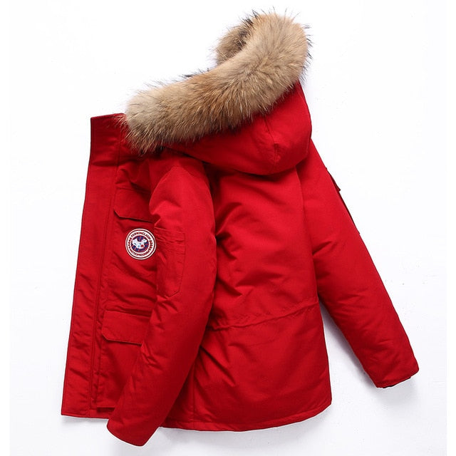 Men's padded winter coat with hood, fur-style trim, front pockets and sleeve patch