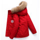 Men's padded winter coat with hood, fur-style trim, front pockets and sleeve patch