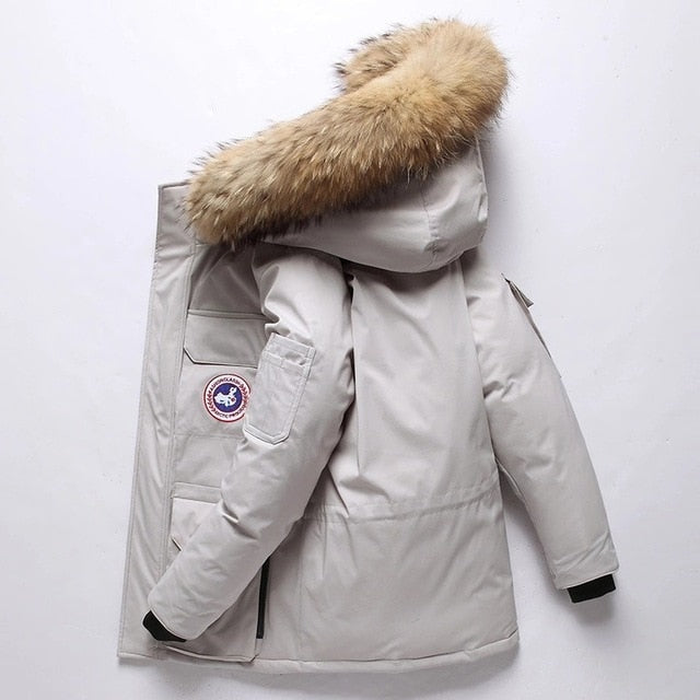 Men's padded winter coat with hood, fur-style trim, front pockets and sleeve patch