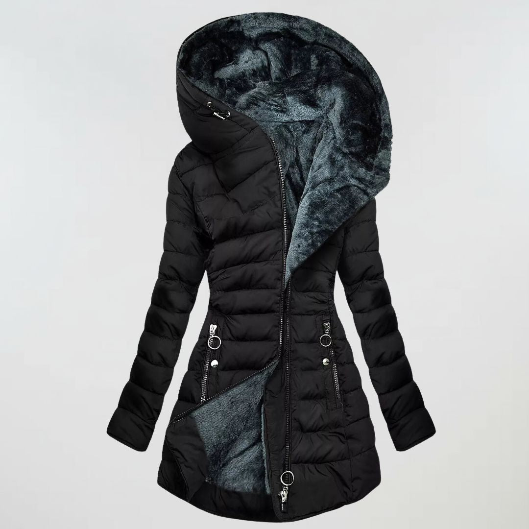 Women's hooded quilted coat with plush-textured lining and zip pockets