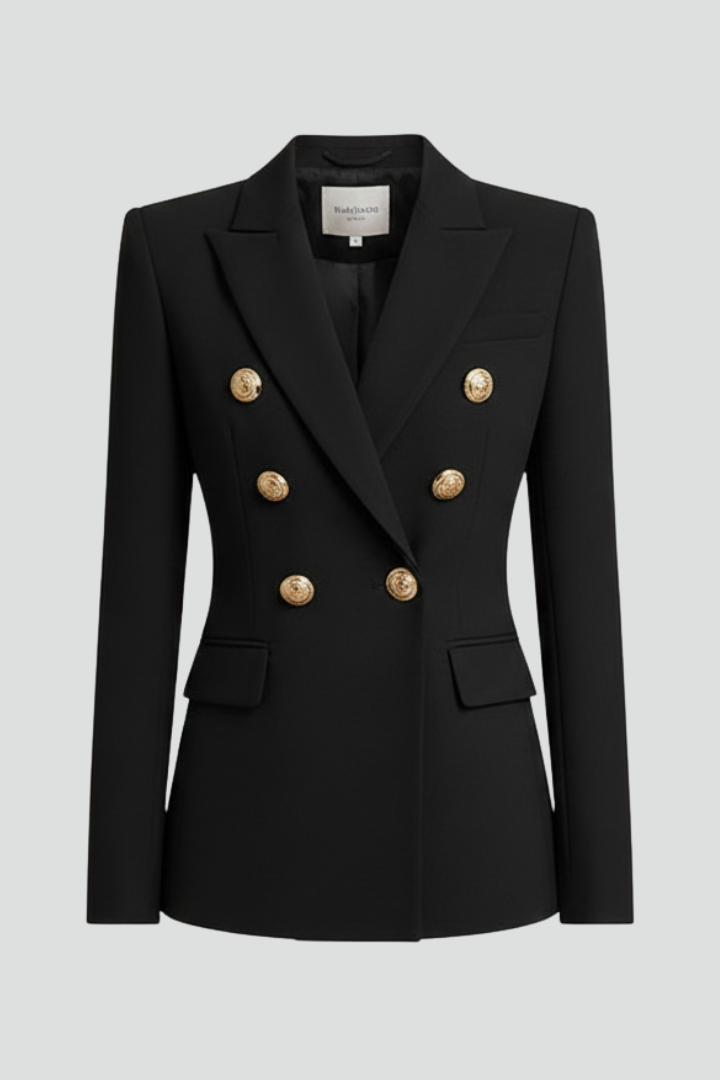 Women's double-breasted blazer with notched lapels and gold-tone buttons