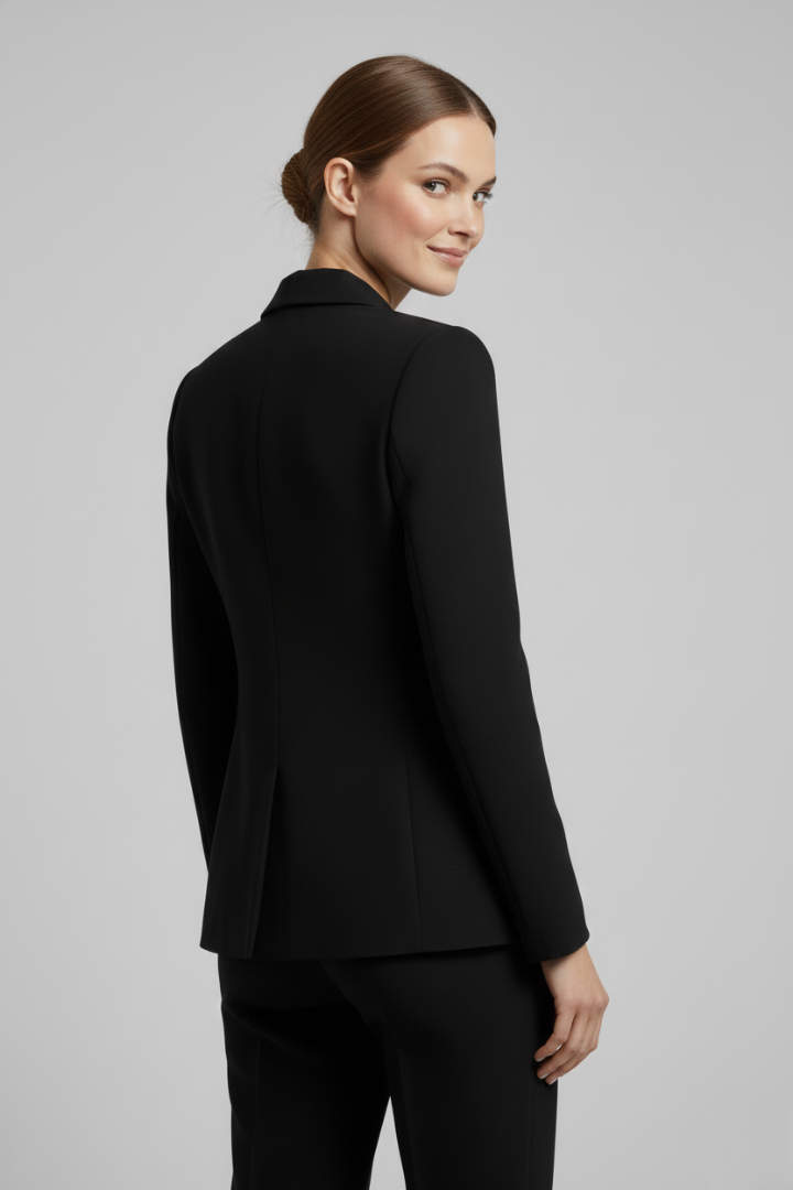 Women's double-breasted blazer with notched lapels and gold-tone buttons