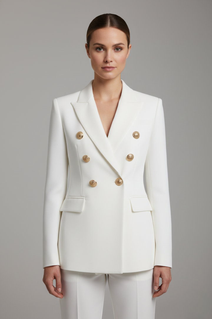Women's double-breasted blazer with notched lapels and gold-tone buttons