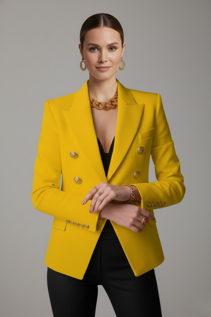 Women's double-breasted blazer with notched lapels and gold-tone buttons