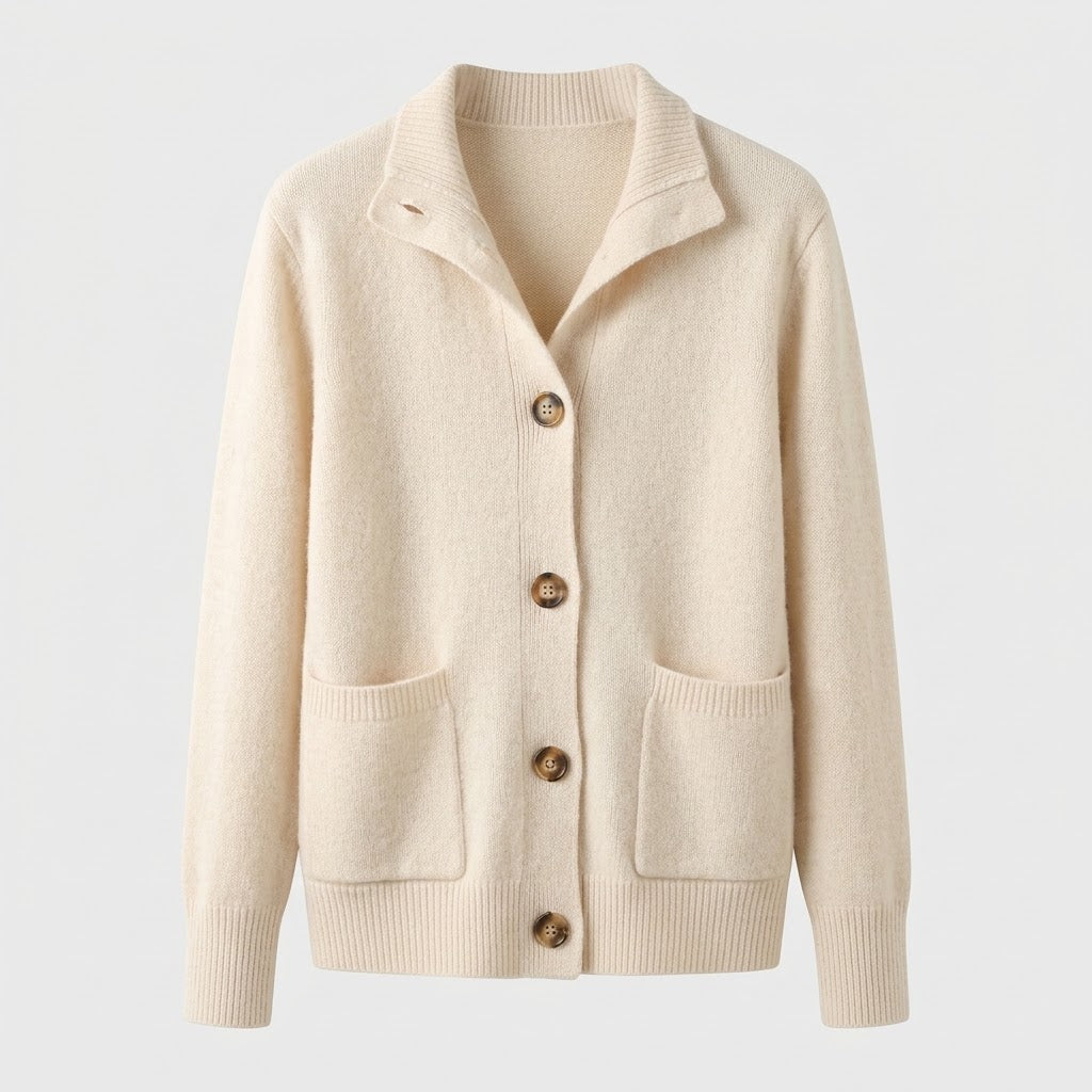 Women's collared knit cardigan with long sleeves and button front