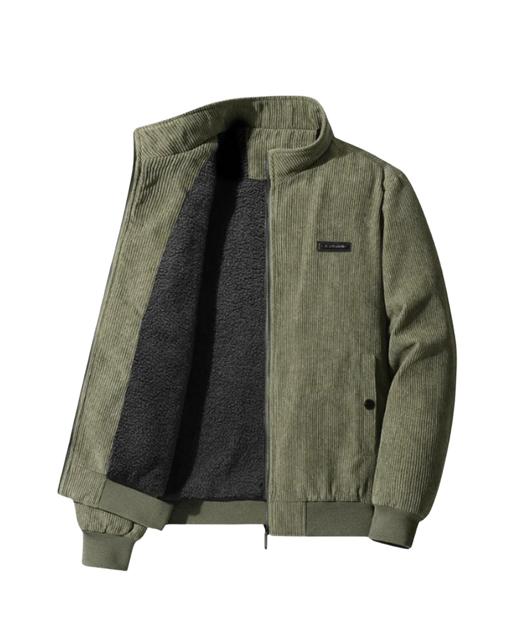 Corduroy jacket with stand collar, zip front and contrasting fleece-style lining