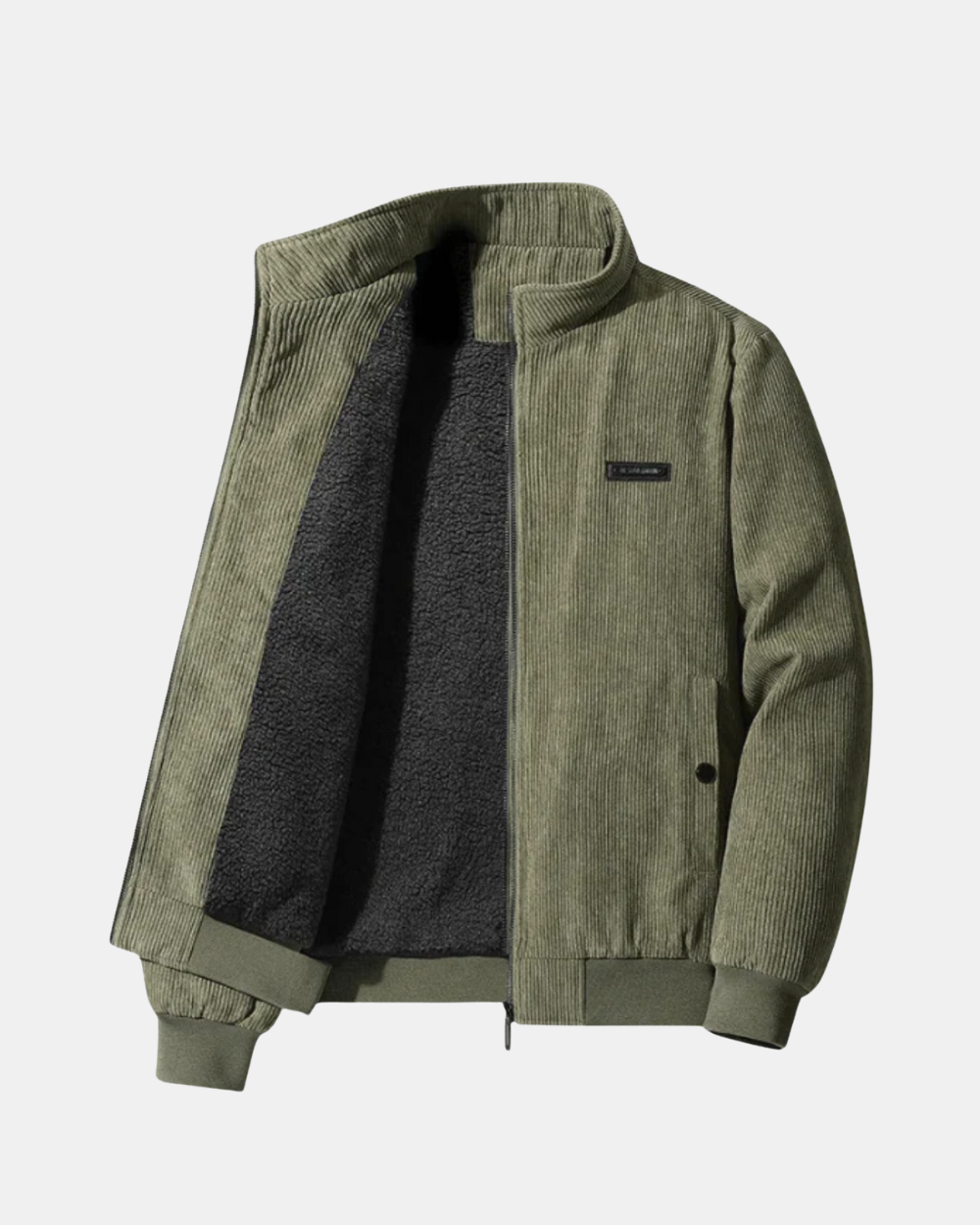 Corduroy jacket with stand collar, zip front and contrasting fleece-style lining