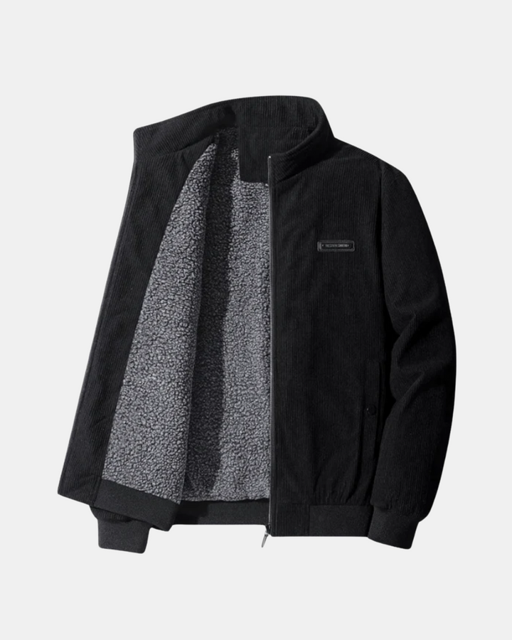 Corduroy jacket with stand collar, zip front and contrasting fleece-style lining