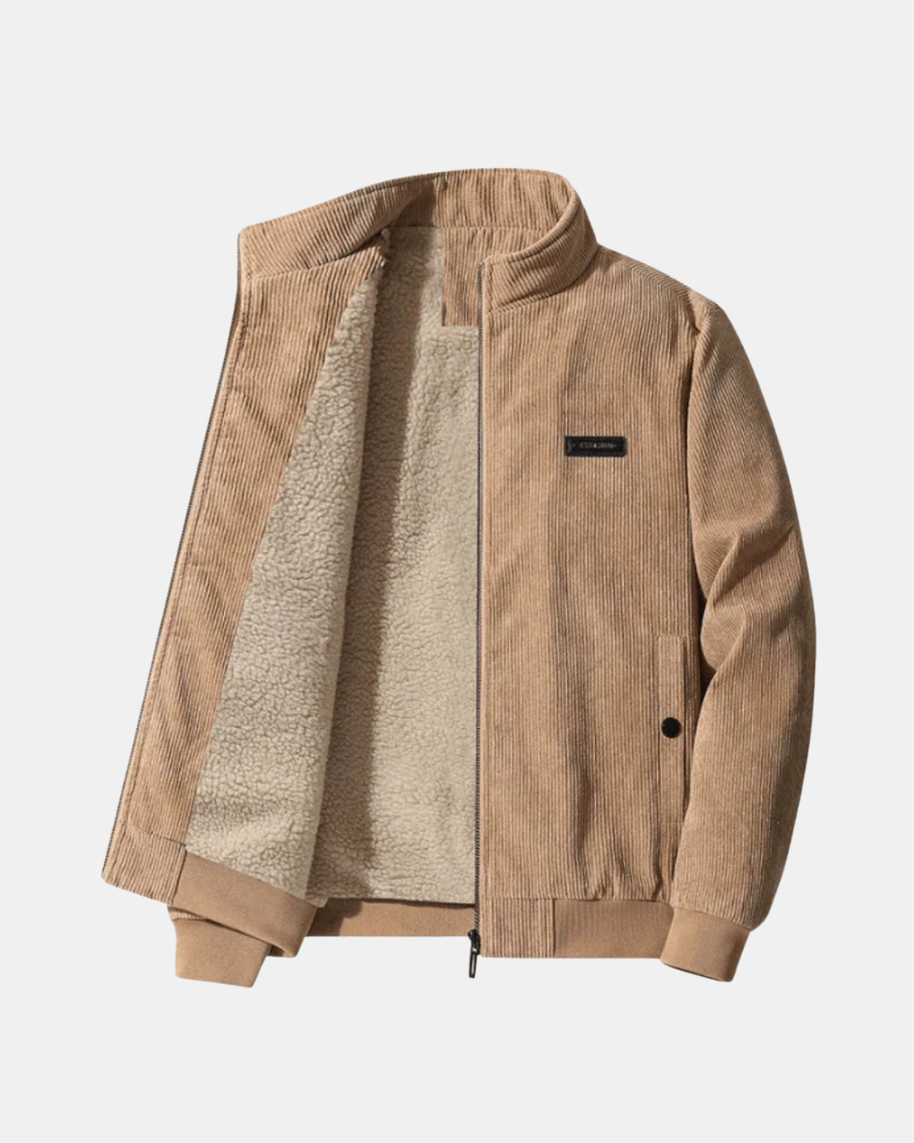 Corduroy jacket with stand collar, zip front and contrasting fleece-style lining