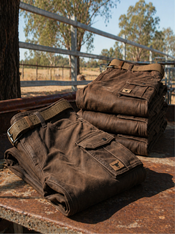 Brown cargo trousers with button flap pockets and matching belt