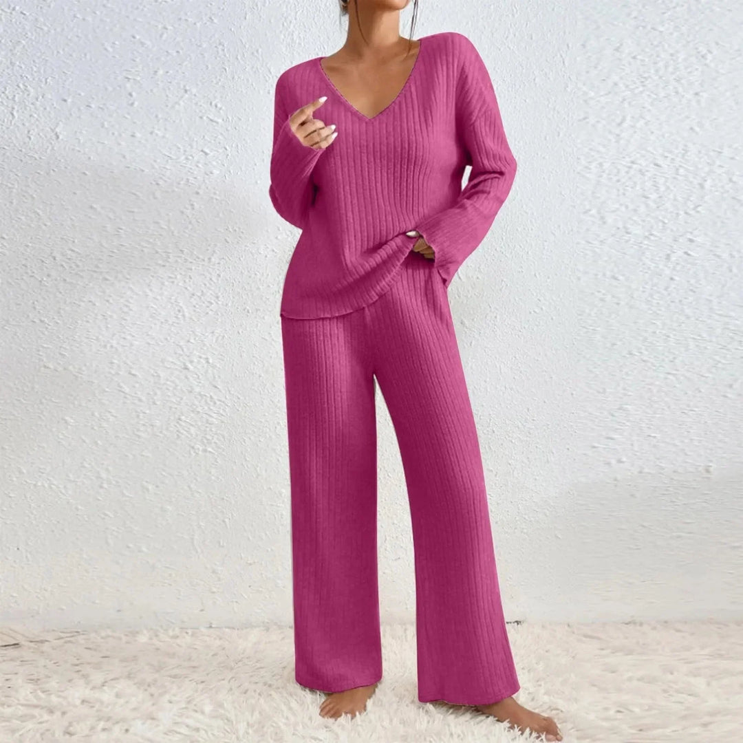 Women's ribbed knit loungewear set with V-neck top and wide-leg trousers