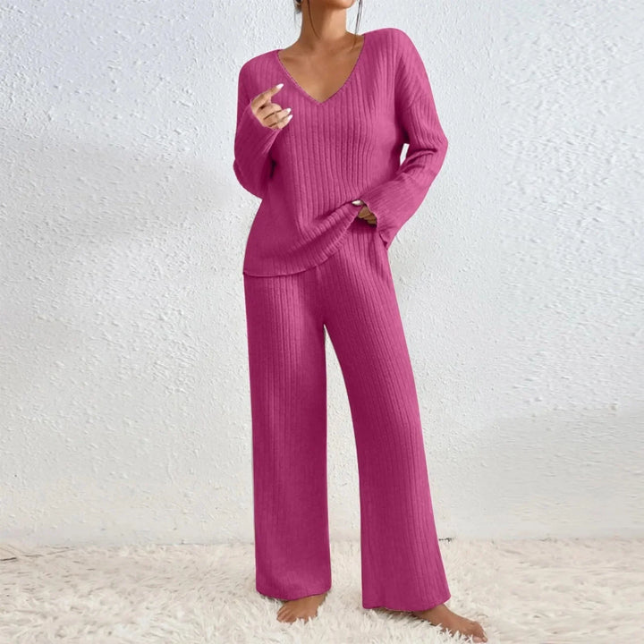 Women's ribbed knit loungewear set with V-neck top and wide-leg trousers