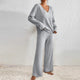 Women's ribbed knit loungewear set with V-neck top and wide-leg trousers
