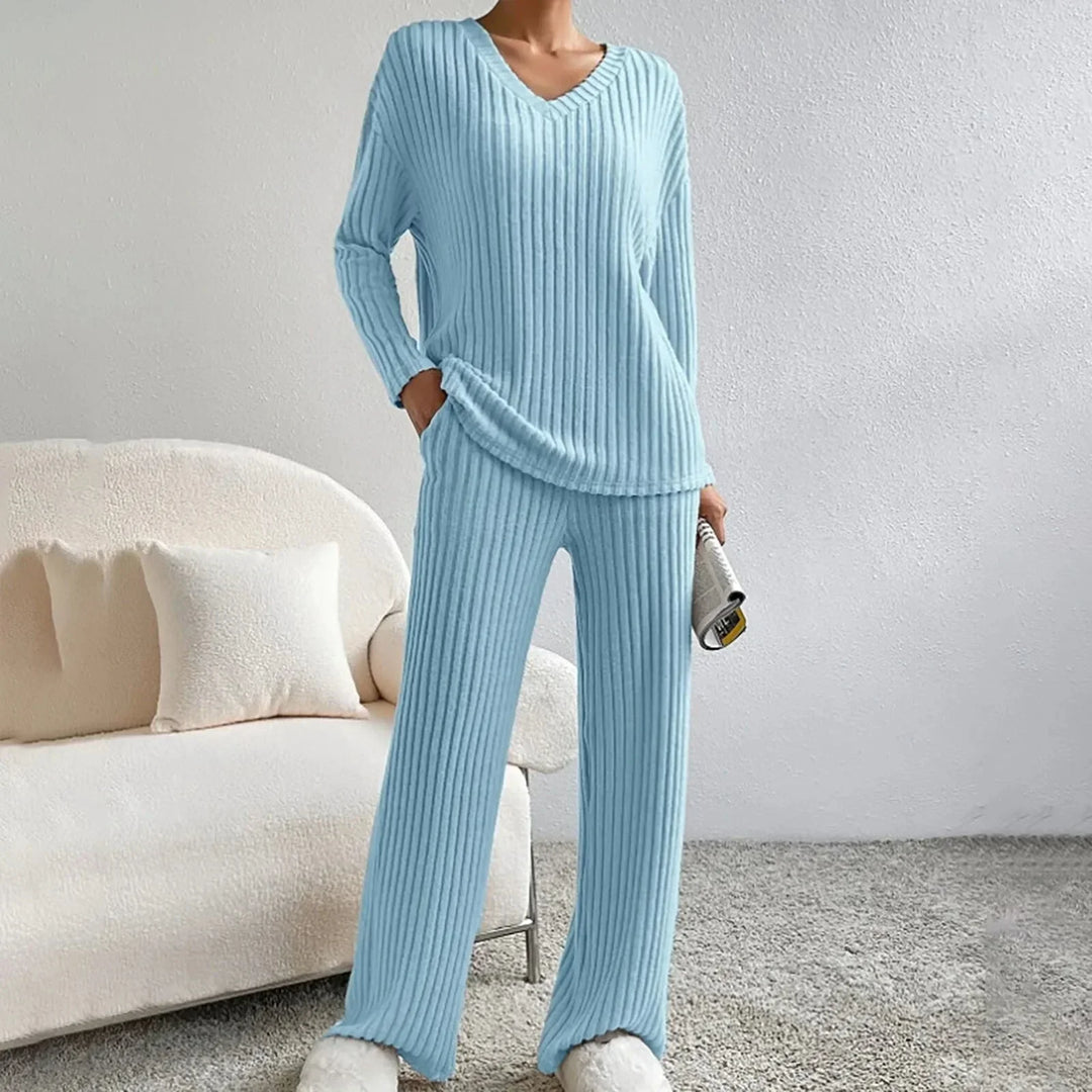 Women's ribbed knit loungewear set with V-neck top and wide-leg trousers