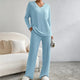 Women's ribbed knit loungewear set with V-neck top and wide-leg trousers