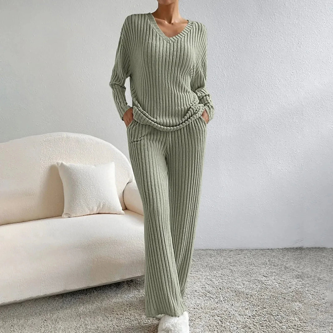 Women's ribbed knit loungewear set with V-neck top and wide-leg trousers