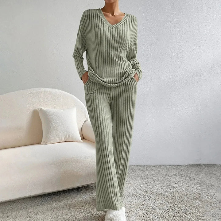 Women's ribbed knit loungewear set with V-neck top and wide-leg trousers