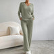 Women's ribbed knit loungewear set with V-neck top and wide-leg trousers