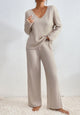 Women's ribbed knit loungewear set with V-neck top and wide-leg trousers