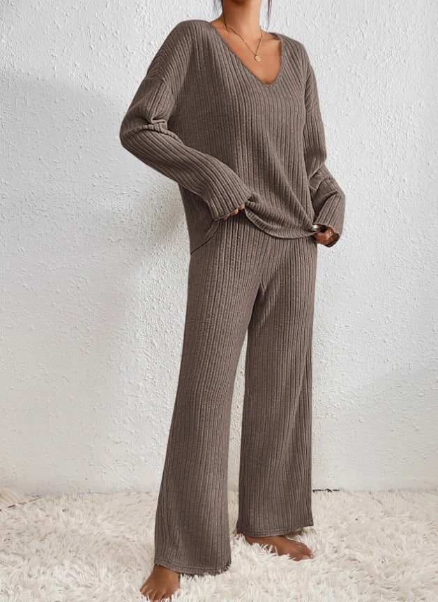 Women's ribbed knit loungewear set with V-neck top and wide-leg trousers