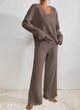 Women's ribbed knit loungewear set with V-neck top and wide-leg trousers