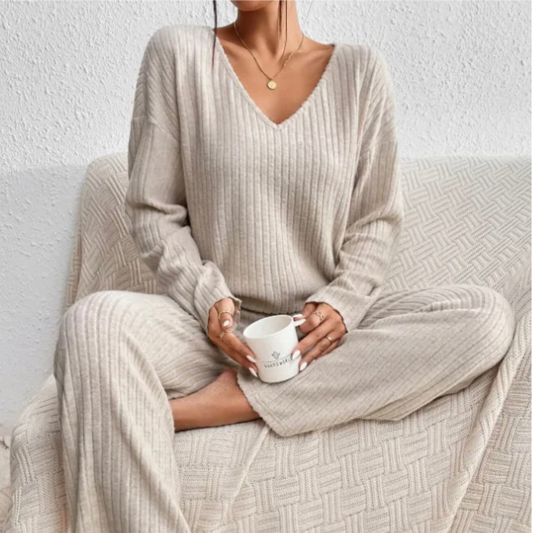 Women's ribbed knit loungewear set with V-neck top and wide-leg trousers