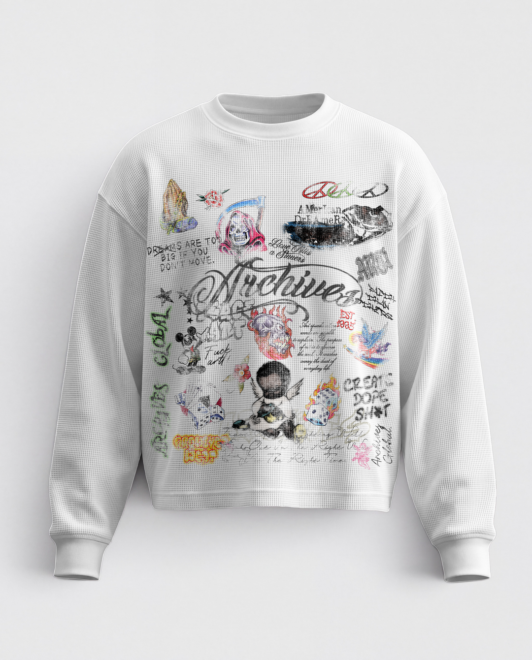 White unisex crewneck sweatshirt with multicolour graphic collage front