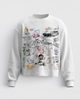 White unisex crewneck sweatshirt with multicolour graphic collage front