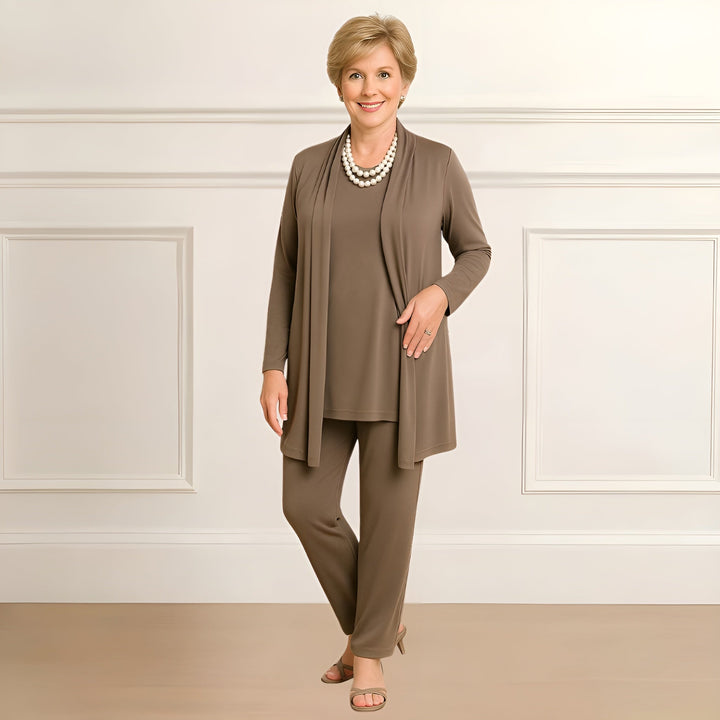 Women's Cardigan Top Pants Set in Taupe Brown | Bellmere