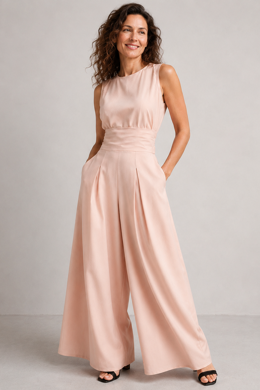 Women's wide-leg jumpsuit with sleeveless turtleneck and cinched waist