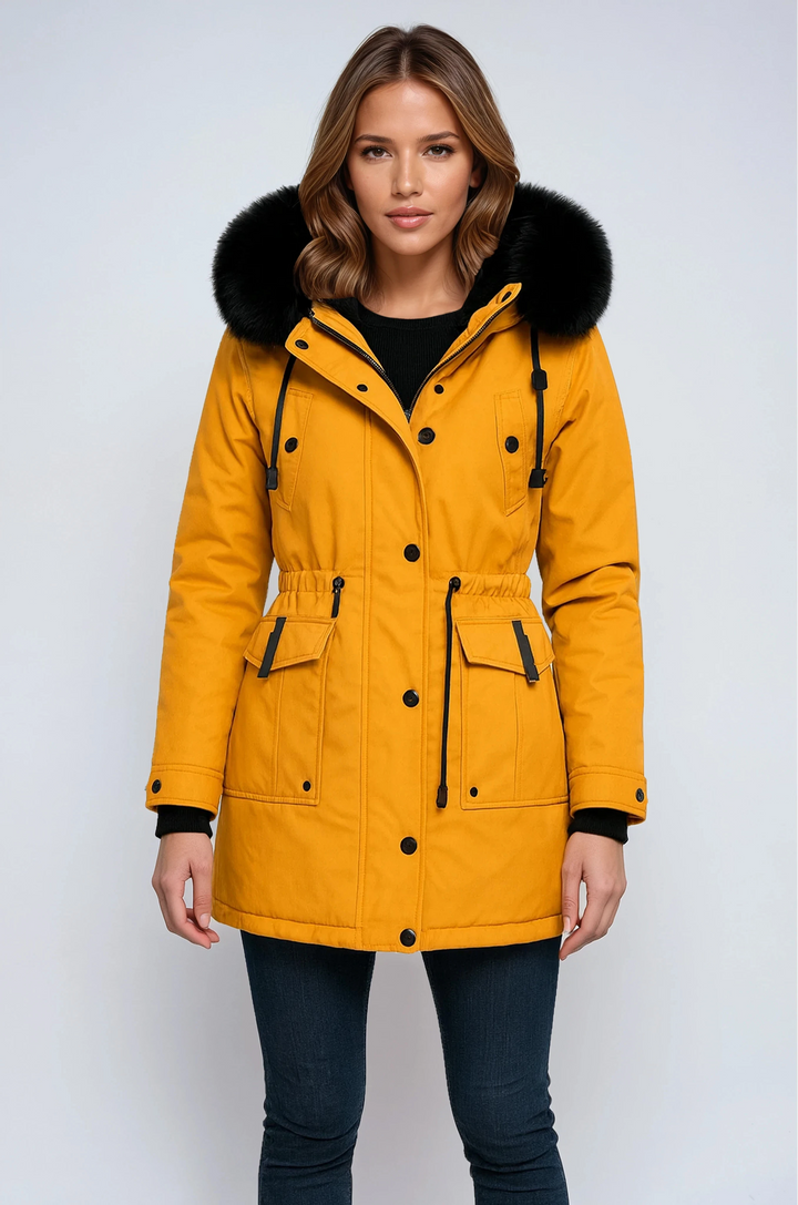 Women's parka coat with fur trim hood and drawstring waist
