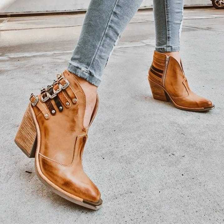 Women's ankle cowboy boots with buckle straps and high block heels