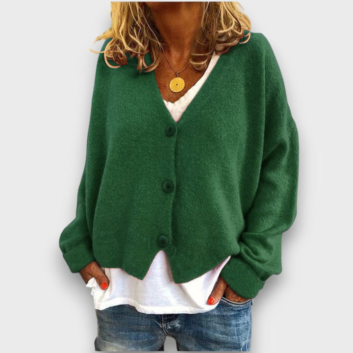 Women's V-neck knit cardigan with long sleeves and button front