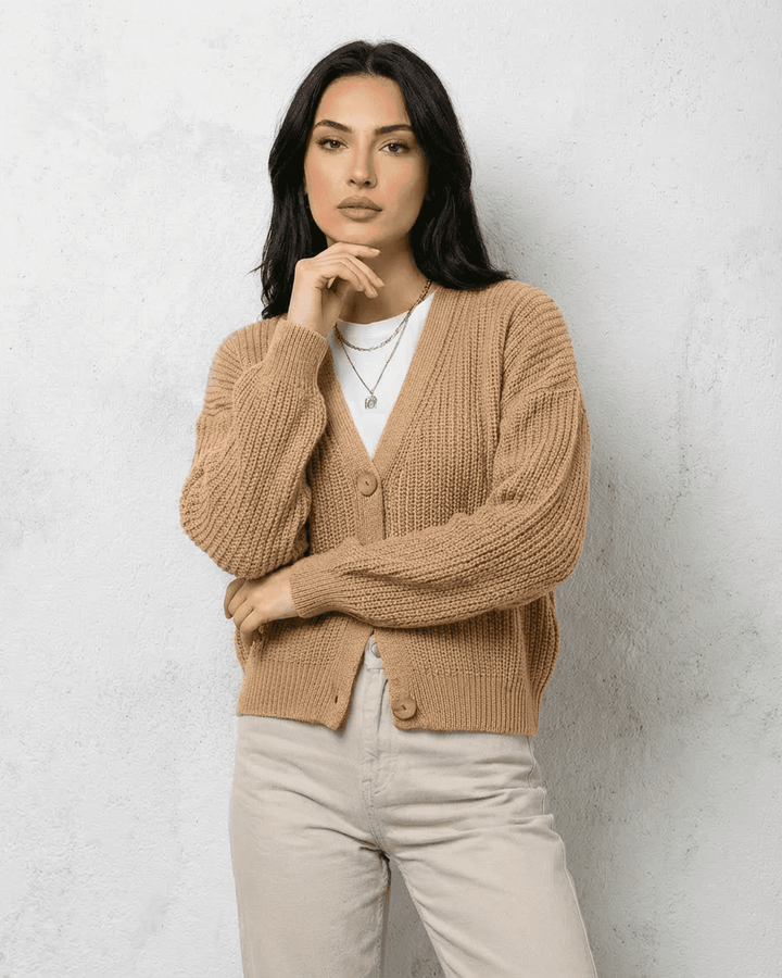 Women's yellow knit cardigan with long sleeves