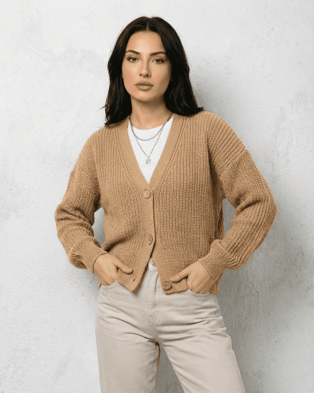 Women's yellow knit cardigan with long sleeves