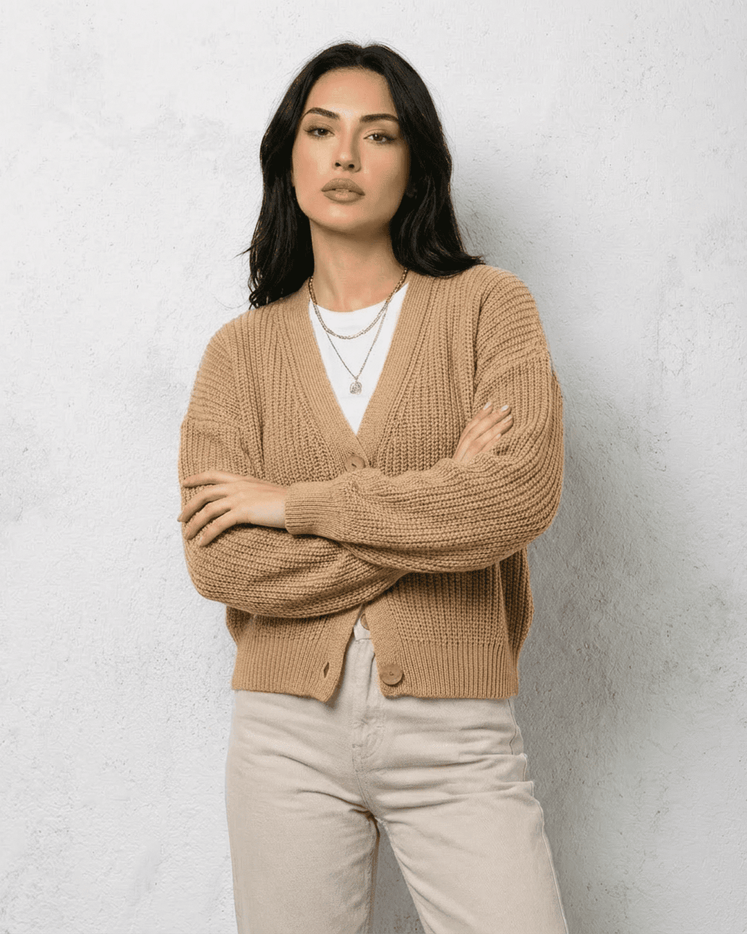 Women's yellow knit cardigan with long sleeves