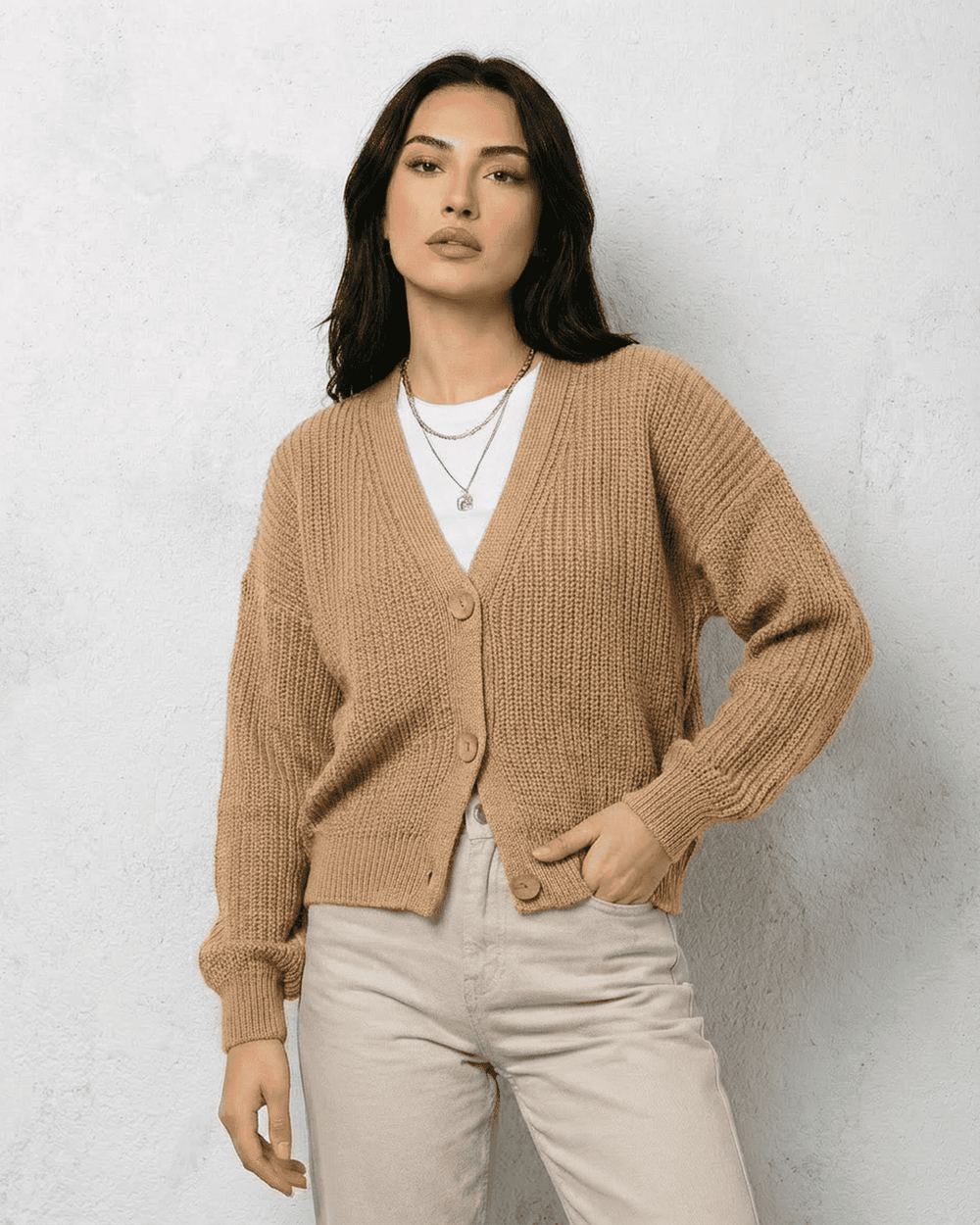 Women's yellow knit cardigan with long sleeves