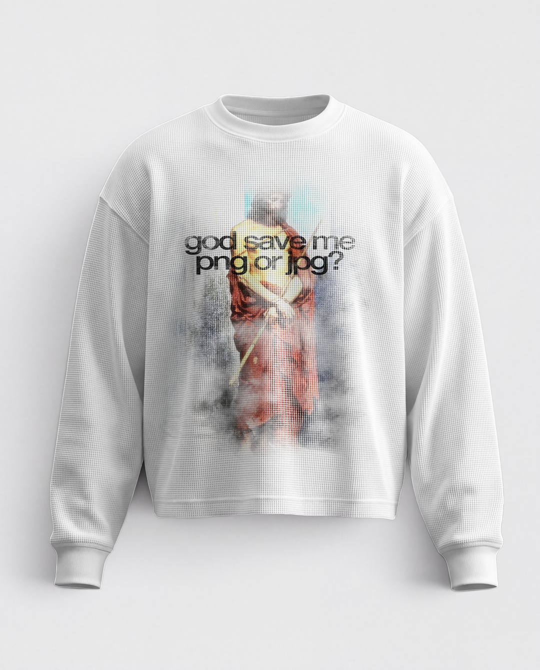 White crew neck sweatshirt with long sleeves and central graphic text print