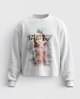 White crew neck sweatshirt with long sleeves and central graphic text print