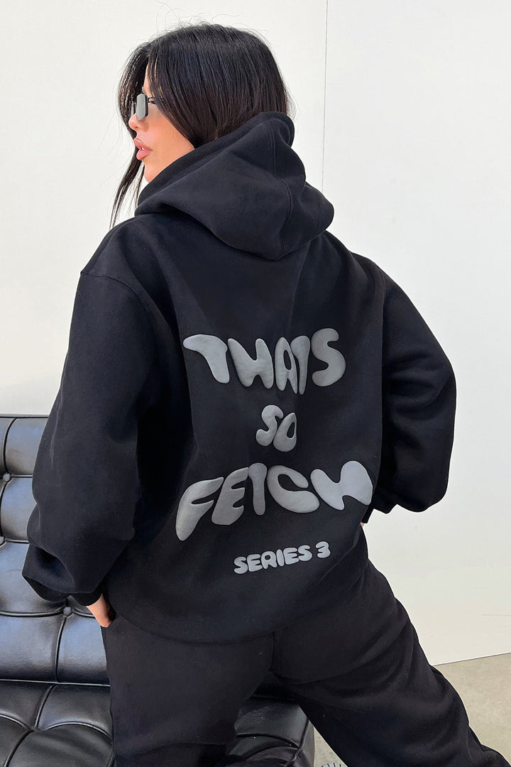 Women's black hoodie with hood and contrasting back graphic