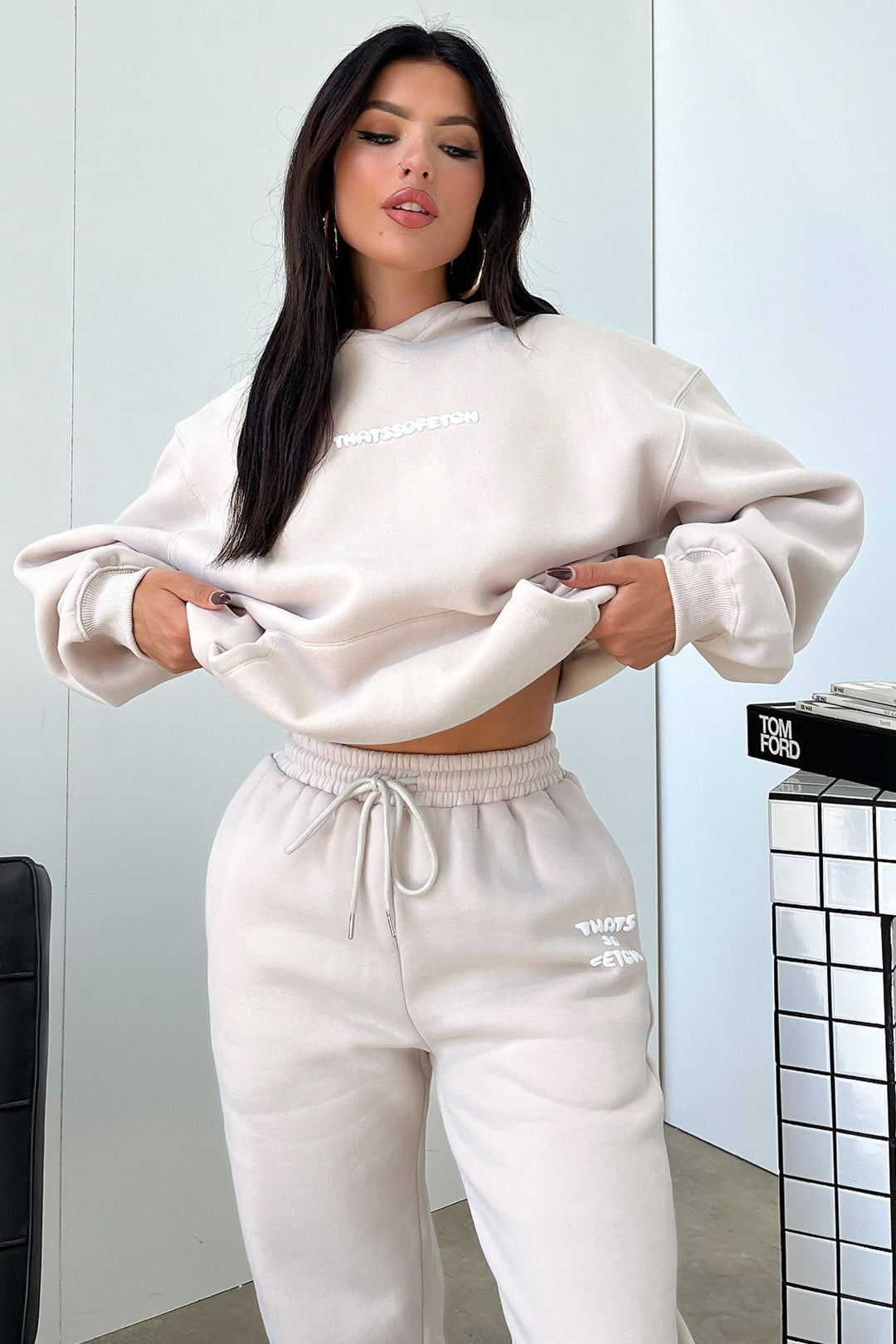Women's bone cropped hoodie with hood, pouch pocket and long sleeves