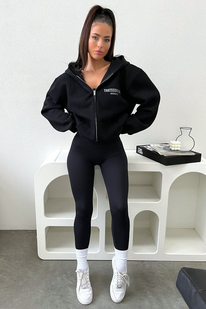 Women's black cropped zip-up hoodie with hood and front pockets