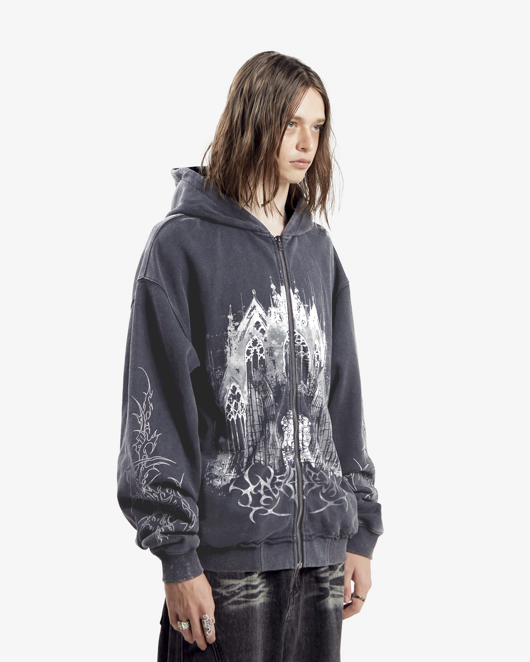 Unisex black graphic zip-up hoodie with cathedral print